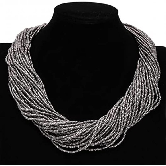 Silver Seed Beaded Necklace Boho Chunky Bead Necklace Multi Strand Seed Necklace - Picture 1 of 5